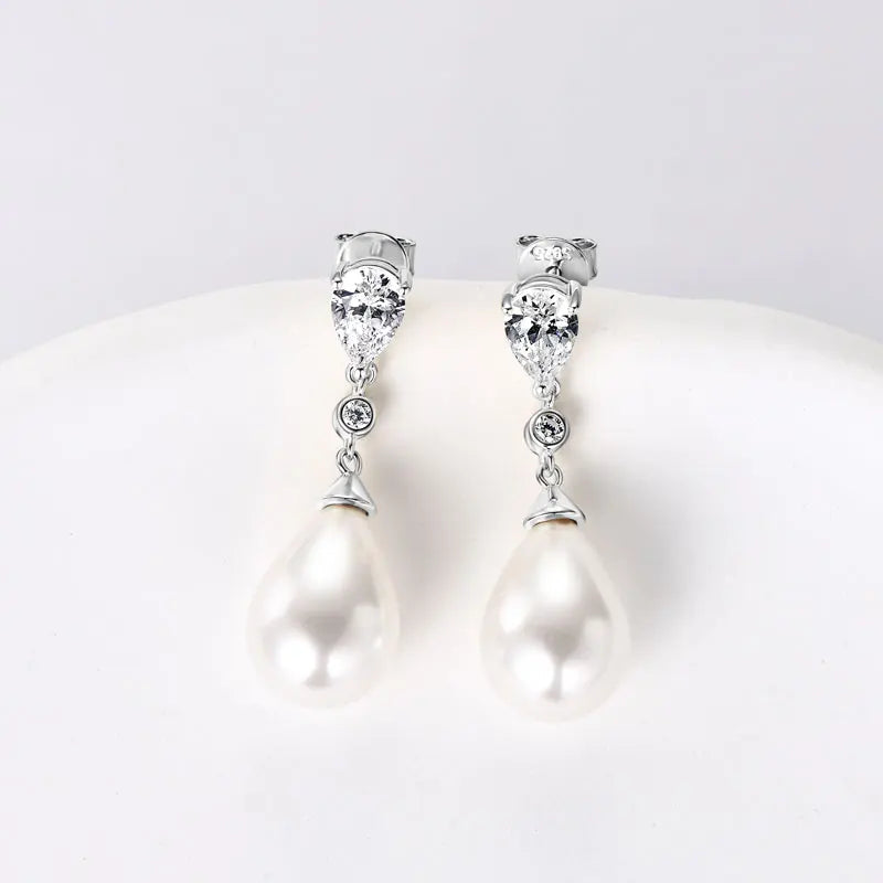 Anziw Elegant 925 Sterling Silver Earrings 13mm White Shell Pearl Drop Stud Earrings Engagement Wedding Fine Jewelry for Women