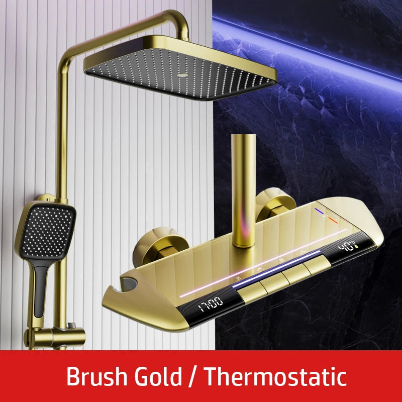 Brush Gold Atmosphere Rain Shower Faucet Bathtub LED Digital Hot Cold Thermostatic Shower System Bathtub Wall Mount Bath Tap Set