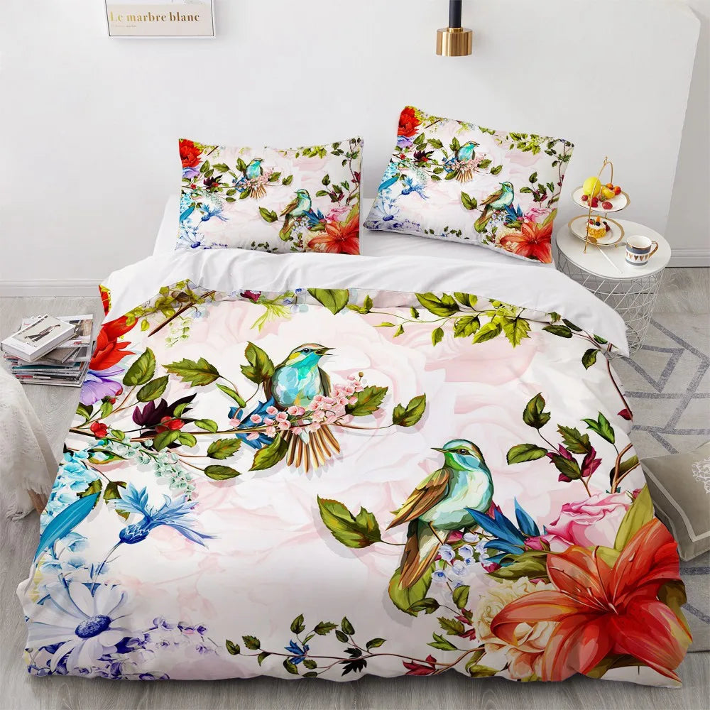 Flower Bird King Queen Duvet Cover Colorful Tropical Floral Bedding Set For Women Watercolor Plant 2/3pcs Polyester Quilt Cover