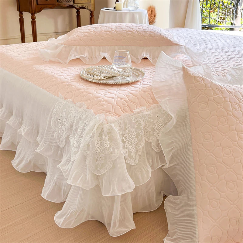 Summer Lace Ruffles Quilted Cooling Bed Skirt, Cool Feeling Fibre Mattress Cover, Bedspread, Bed Sheet, With Pillowcases, 3Pcs