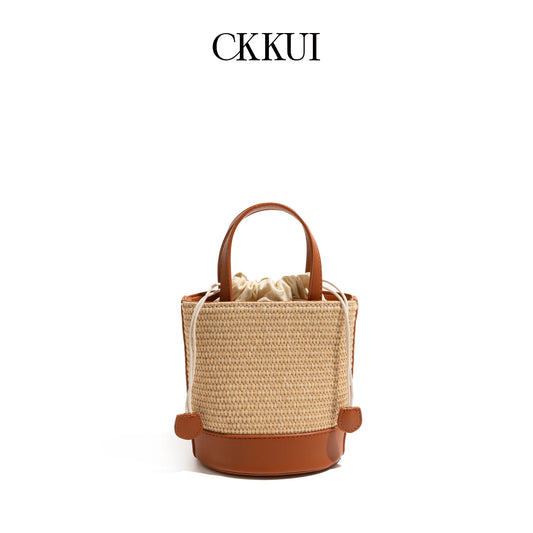 CKKUI Seaside Vacation French Bag Stylish Straw Woven With PU Leather Pouch Summer Large Capacity Handbag Crossbody Bucket Bag