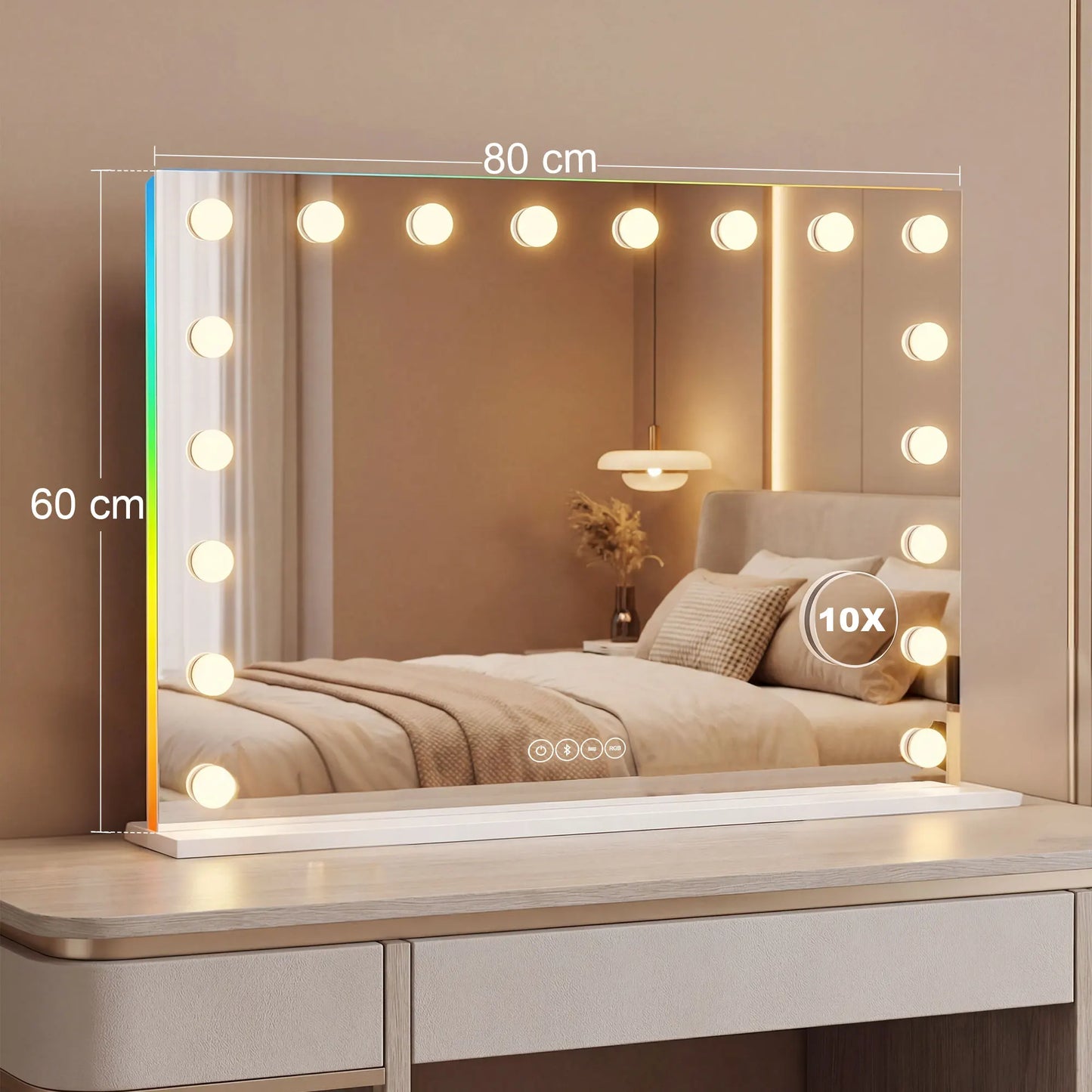 HOMCOM Hollywood make-up mirror with 18 LED bulbs, 3 light colors, RGB light, Bluetooth speaker, white