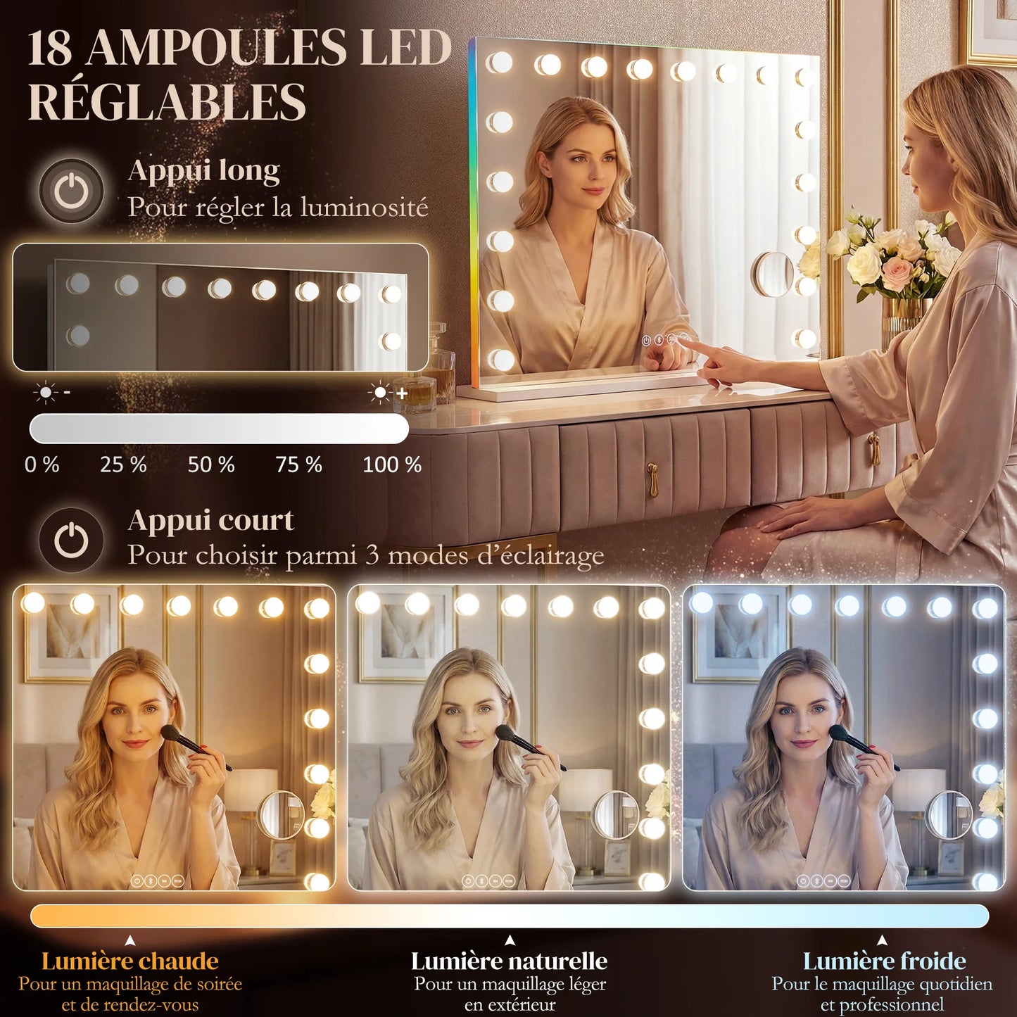 HOMCOM Hollywood make-up mirror with 18 LED bulbs, 3 light colors, RGB light, Bluetooth speaker, white