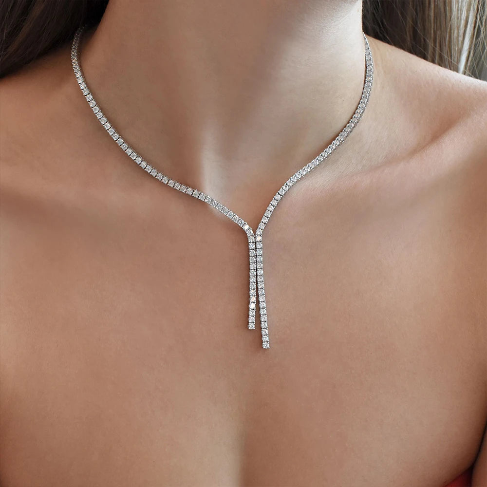 3mm Full Moissanite Tennis Necklace for Woman 925 Sterling Silver Plated 18k White Gold Tassel Necklace Party Wedding Jewelry