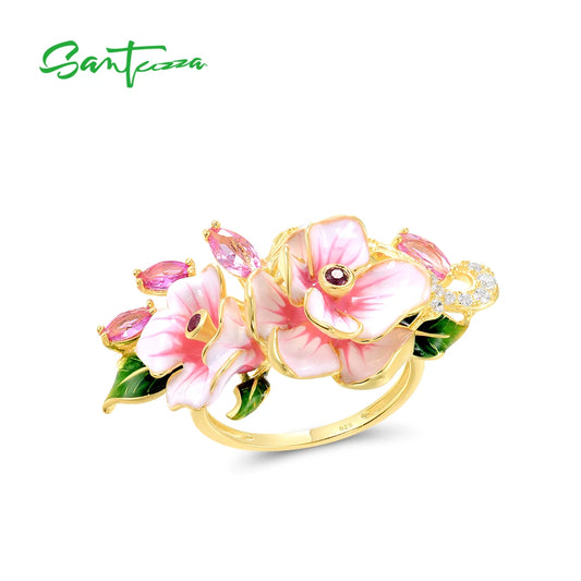 SANTUZZA Genuine 925 Sterling Silver Rings For Women Red Pink Stones White CZ Handmade Enamel Flower Ring Delicate Fine Jewelry