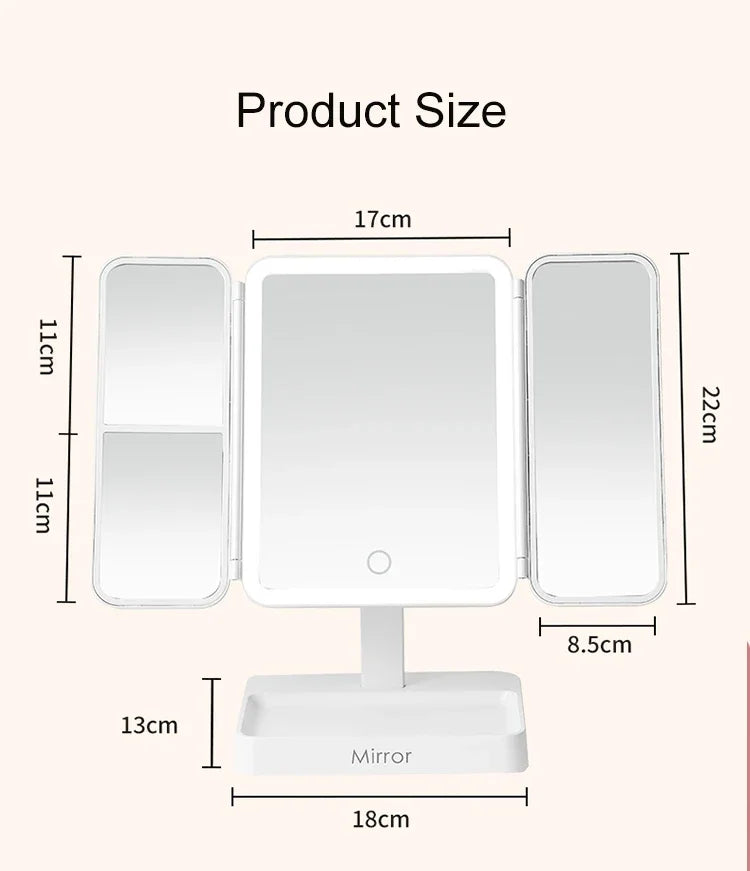 Tri-Fold Makeup Mirror with Led Light, Rotable Cute Desk Vanity Mirror 3 Tone with 2X/3X Magnifying Gift for Mom Wife Girlfriend