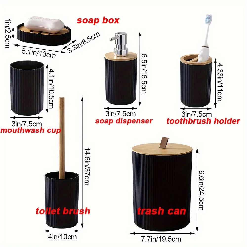 Set 6 Pieces Soap Dispenser Box Toilet Brush Lotion Bottle Trash Can Bamboo Plastic Bathroom Storage Set Toothbrush Cup Holder