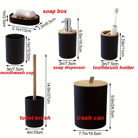 Set 6 Pieces Soap Dispenser Box Toilet Brush Lotion Bottle Trash Can Bamboo Plastic Bathroom Storage Set Toothbrush Cup Holder
