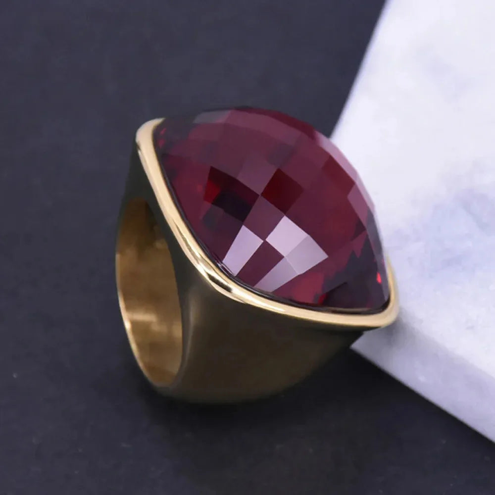 Niche Exaggerated Modern Large Gemstone Women's Ring Titanium Steel Plated 18k Gold Jewelry