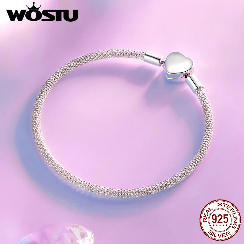 WOSTU 925 Sterling Silver Vintage Rose Flower Love Heart Bangle Bracelet Fit DIY Bracelets Women Valentine Mother's Day Gift