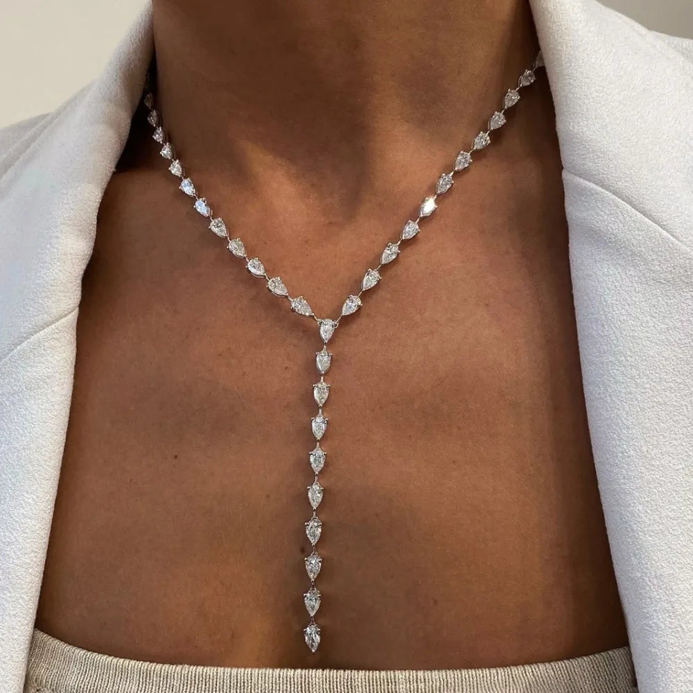 Y-Shape Waterdrop Moissanite Tennis Necklace for Women 0.5CT S925 Silver Pear Cut Diamond Long Tassel Bridal Riviera Necklaces