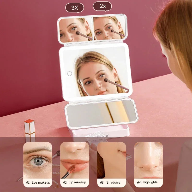 Tri-Fold Makeup Mirror with Led Light, Rotable Cute Desk Vanity Mirror 3 Tone with 2X/3X Magnifying Gift for Mom Wife Girlfriend