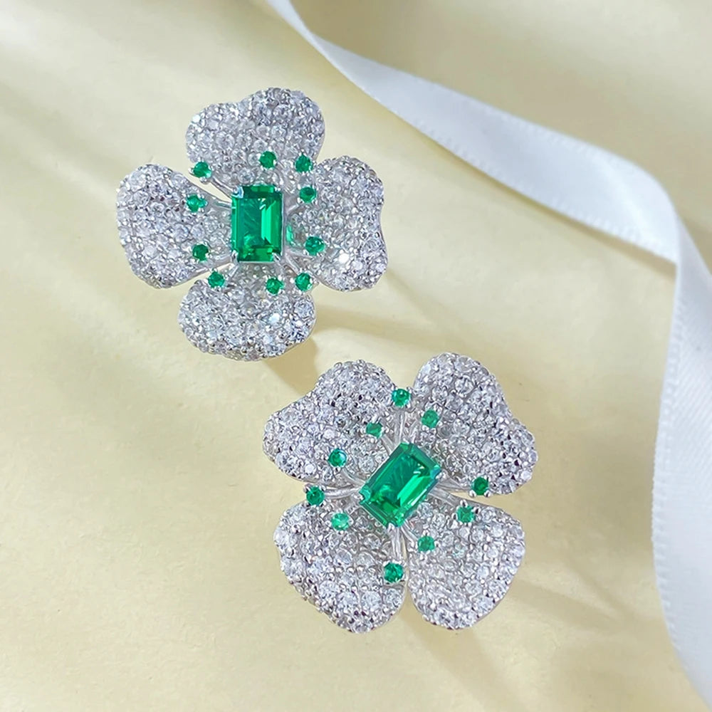 Wong Rain 100% 925 Sterling Silver Sparkling 4*6 MM Emerald High Carbon Diamond Gemstone Flower Ear Studs Earrings Fine Jewelry
