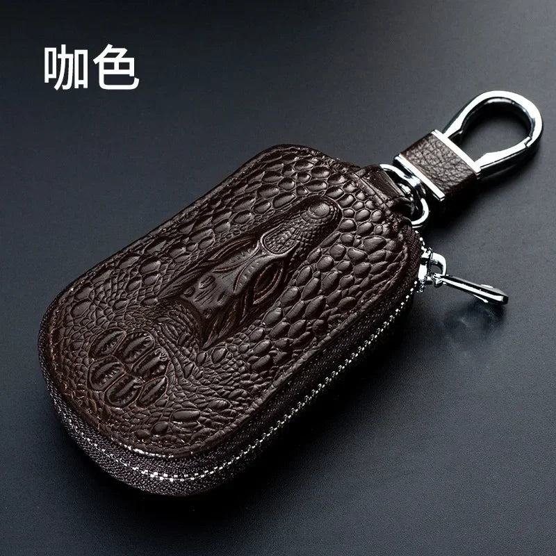 Cowhide Car Key Wallet Case Genuine Leather Crocodile Pattern Zipper Cover Mini Waist Trailer Key Bag Unisex with Metal Buckle