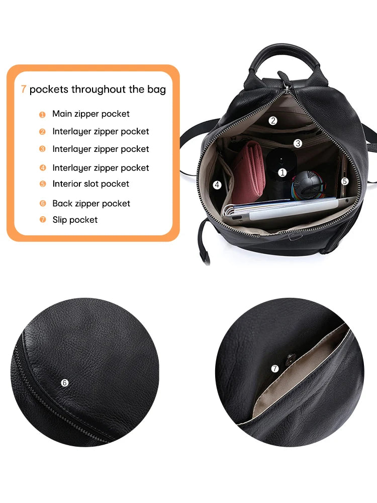 Zency Women's Genuine Leather Anti-theft Backpack Black Lady Knapsack High Quality Zipper Buckle Rusksack 2024 New Back Beige