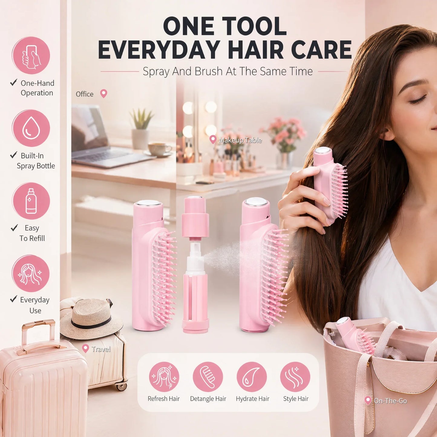 2 In 1 Spray Hair Brush Refillable Water Mist Comb Portable Detangling Scalp Massage Anti Frizz Hair Styling Travel Brush
