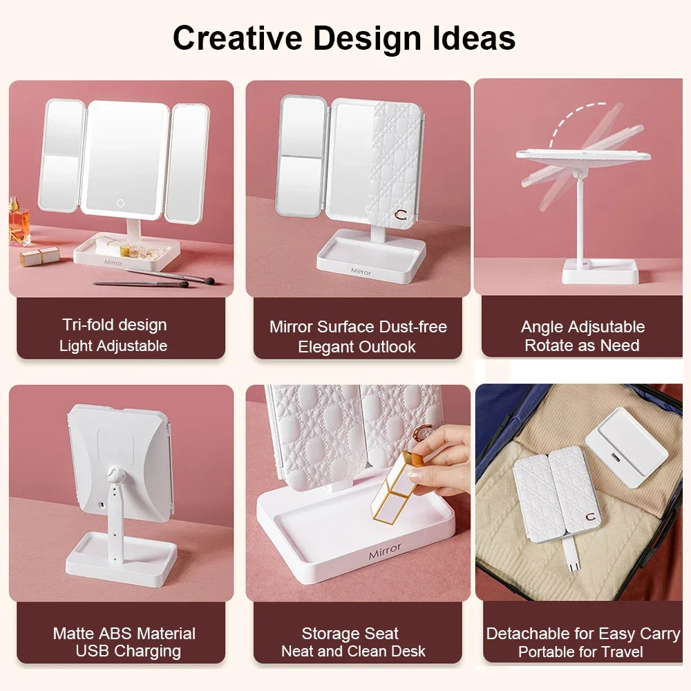 Tri-Fold Makeup Mirror with Led Light, Rotable Cute Desk Vanity Mirror 3 Tone with 2X/3X Magnifying Gift for Mom Wife Girlfriend