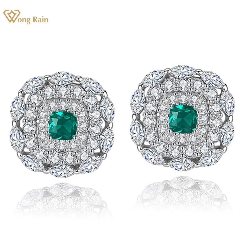 Wong Rain 925 Sterling Silver Emerald High Carbon Diamonds Gemstone Wedding Engagement Women Ear Studs Earrings Fine Jewelry