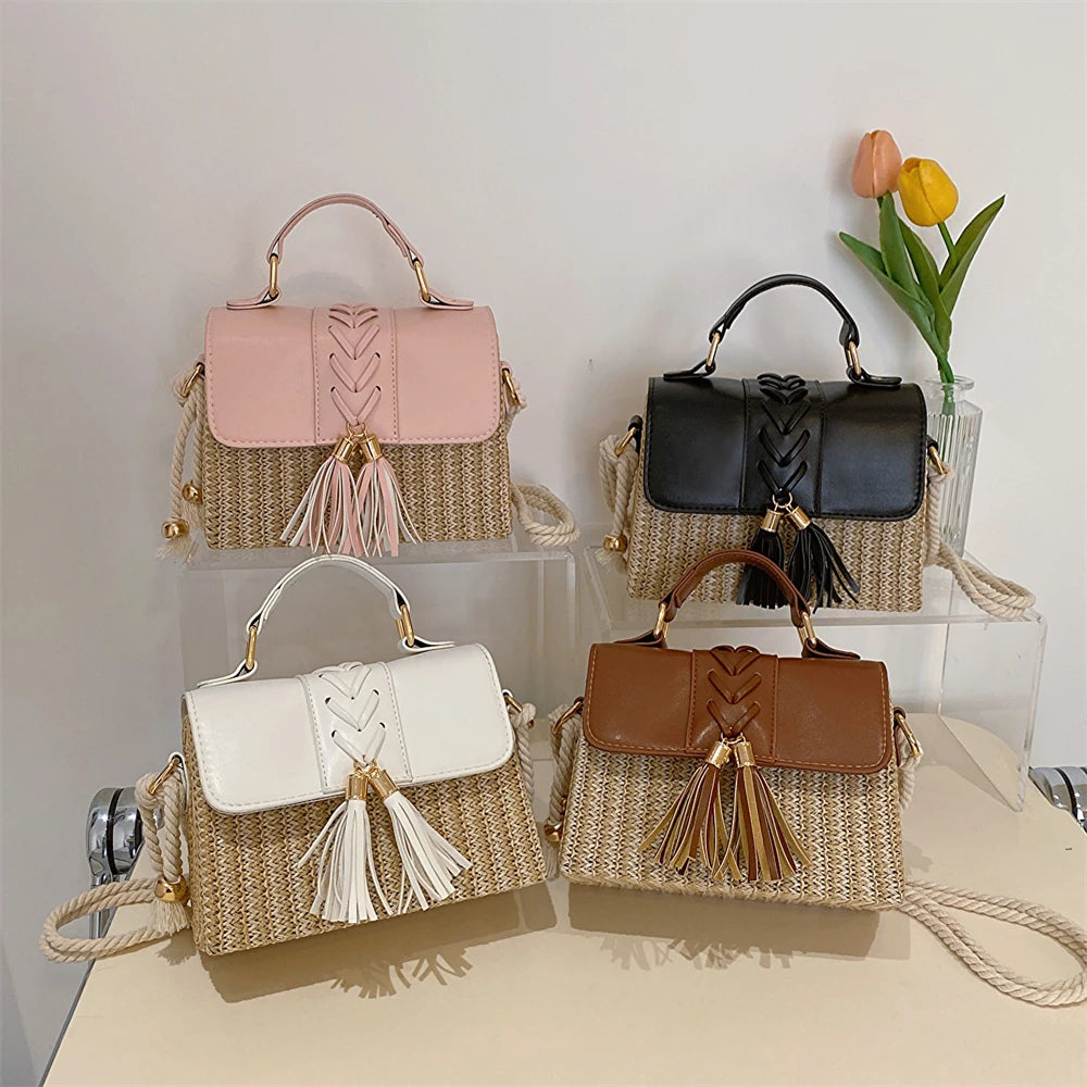 MOODS Straw Beach Bag For Women 2023 Summer New Luxury Designer Handbags Hit Color Tassels Shoulder Crossbody Box Bag Sac A Main