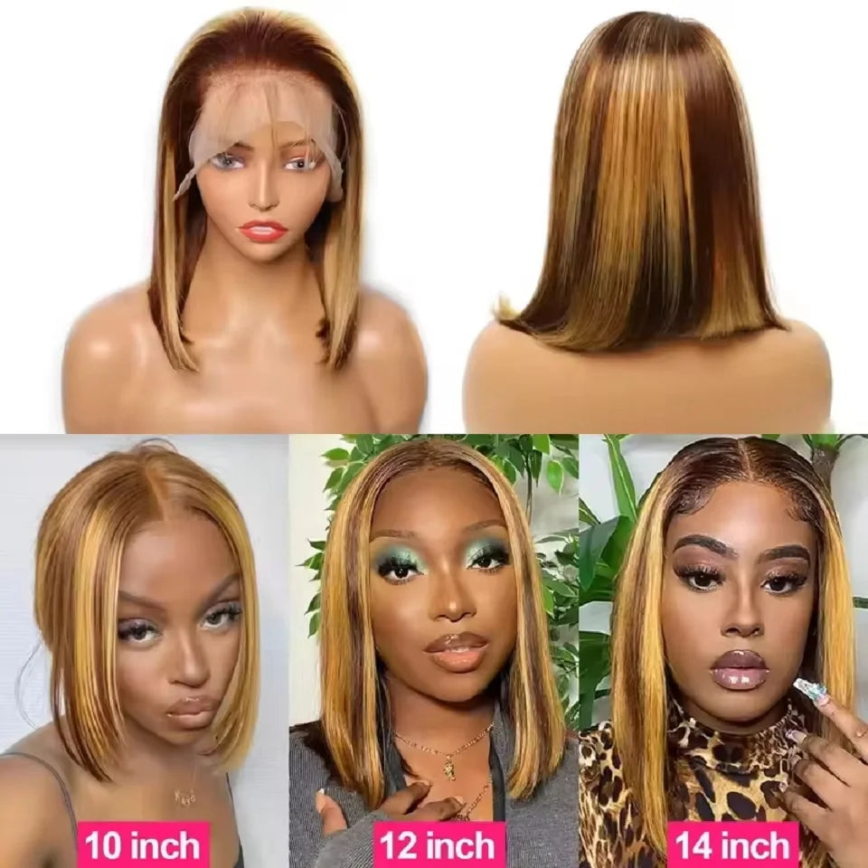 Highlight Ombre Straight Short Bob 4x4 Lace Closure Wigs 100% Human Hair Vietnamese 200 Density #4/27 Color 13x4 Lace Front Wig