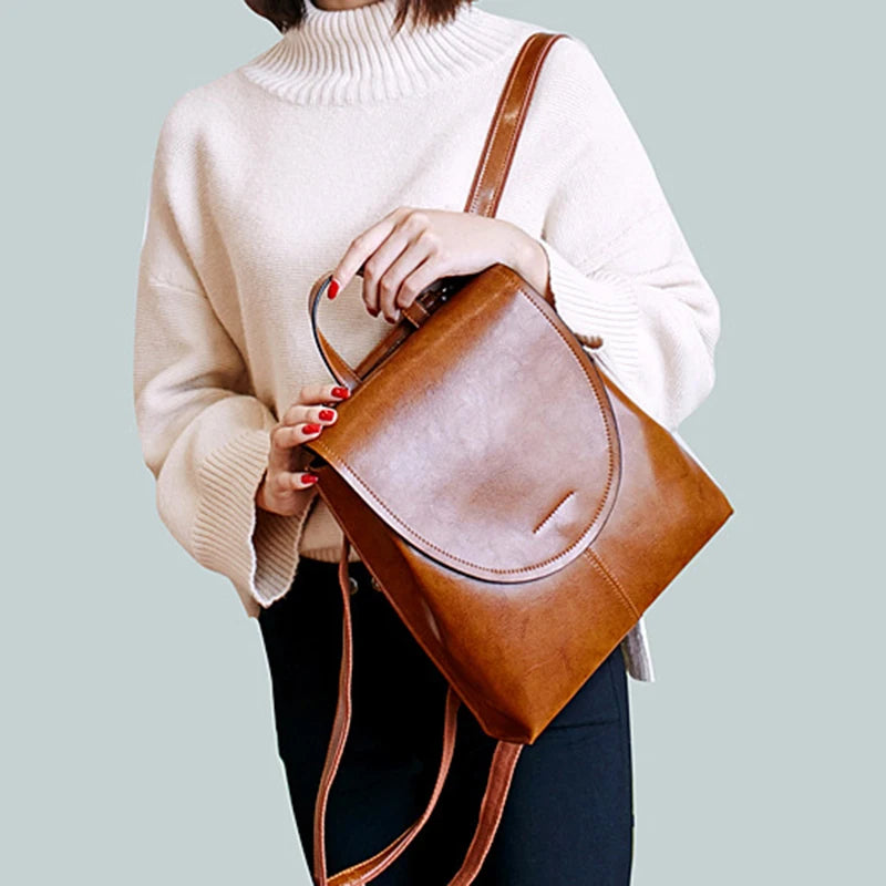 Women Backpack Shoulder Cross Body Bags Genuine Leather Female Fashion Retro Lady Oil Wax Cowhide Messenger Bag Backpacks