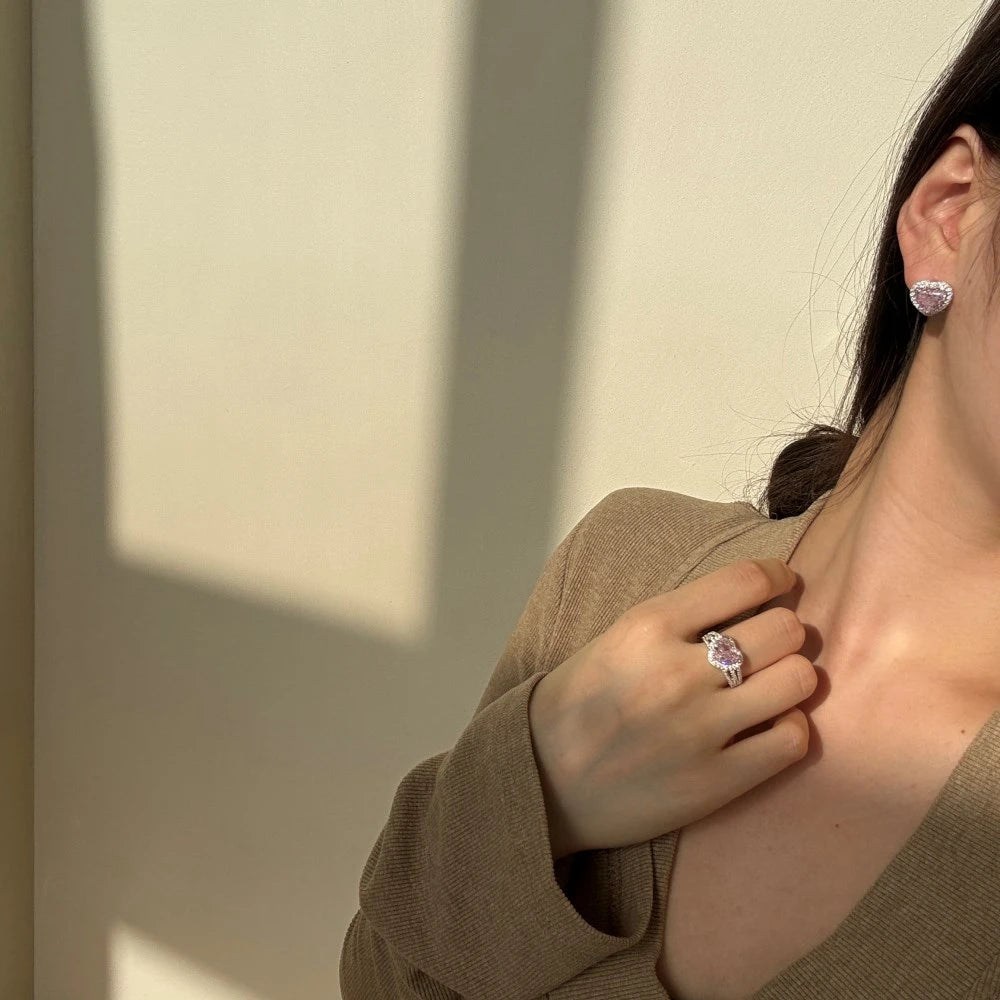 Wong Rain 925 Sterling Silver Heart Cut 8*10MM Lab Sapphire High Carbon Diamond Gems Pendant/Necklace/Earrings/Rings Jewelry Set