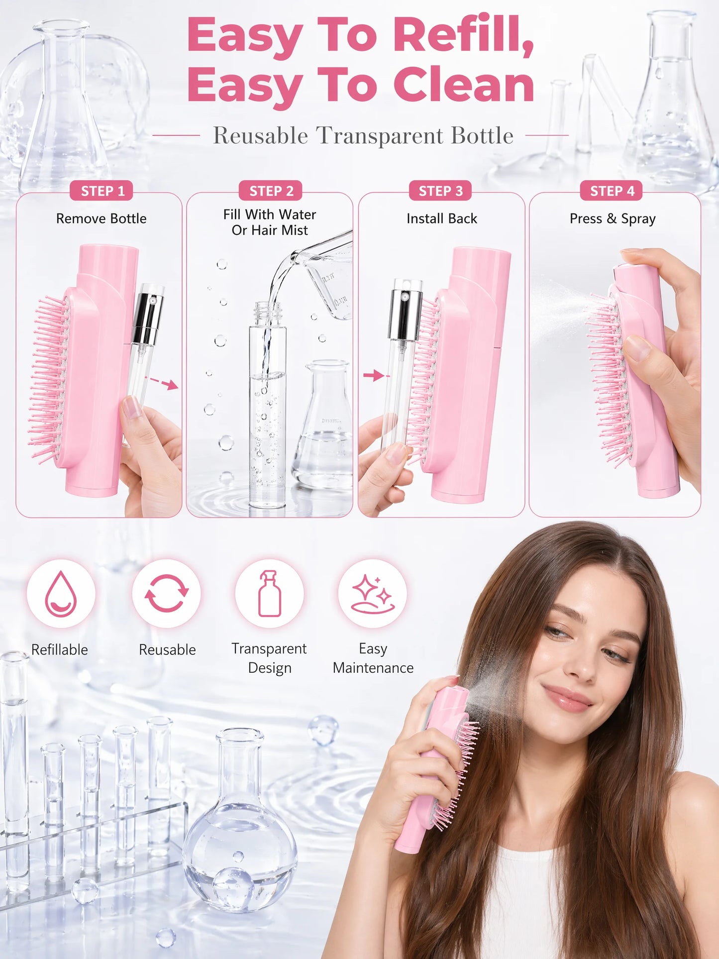 2 In 1 Spray Hair Brush Refillable Water Mist Comb Portable Detangling Scalp Massage Anti Frizz Hair Styling Travel Brush