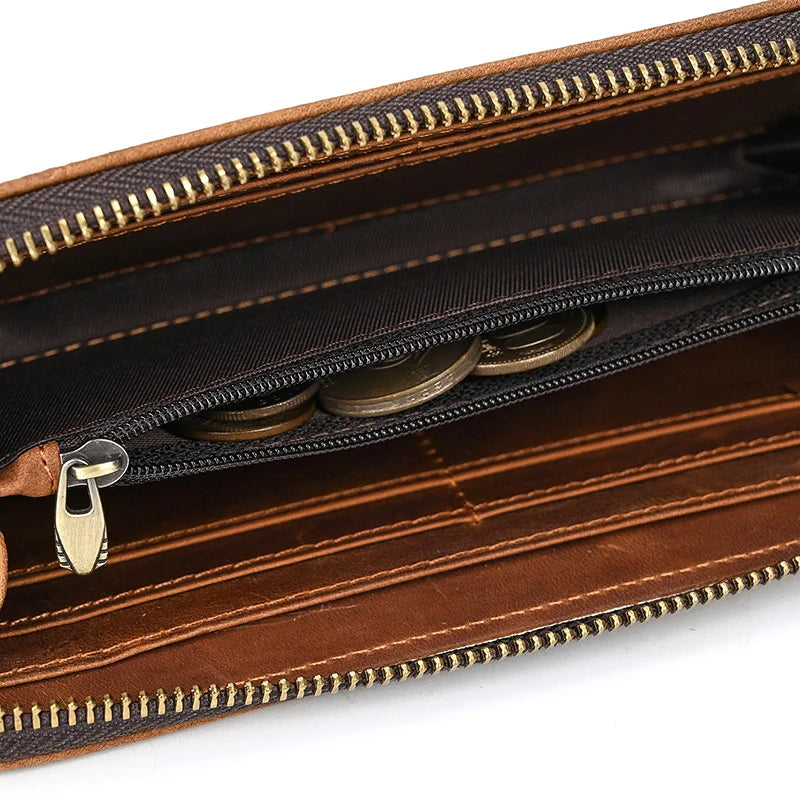 Men's crazy horse Leather long wallet Zip around genuine leather wallet Phone case purse with coin pocket 4 interlayer pocket