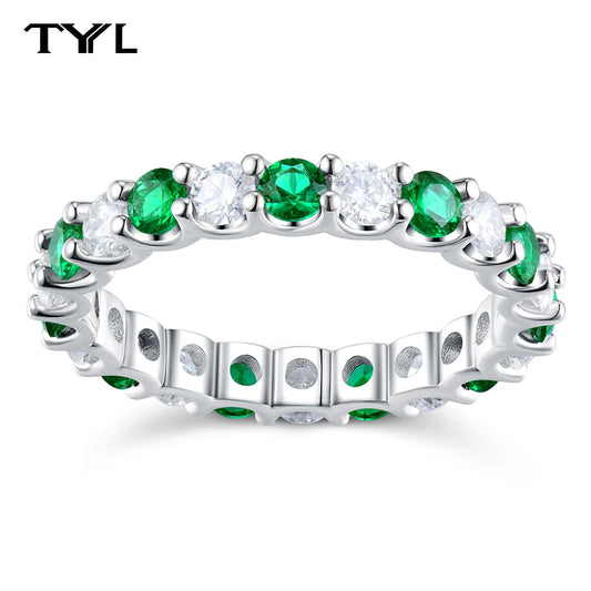TYYL 3mm Round Moissanite Ring Full Diamond Women Lab Grown Emerald Gemstone Rings Real 925 Silver Eternity Wedding Band Jewelry