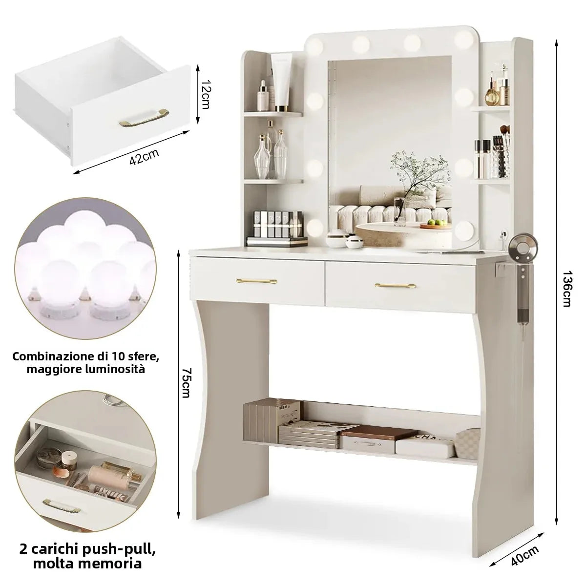 Mihtrov Level-shelves Makeup Table For Small Aparttment Adjustable Led Light Mirror Dressing Desk With Makeup Stool Detachable Vanity Desk Gift For Daughter & Friends