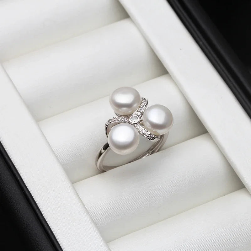 Wedding 925 Sterling Silver Pearl Ring Adjustable Woman,White Natural Freshwater Ring With Real Pearls Wife Mother Gift Black