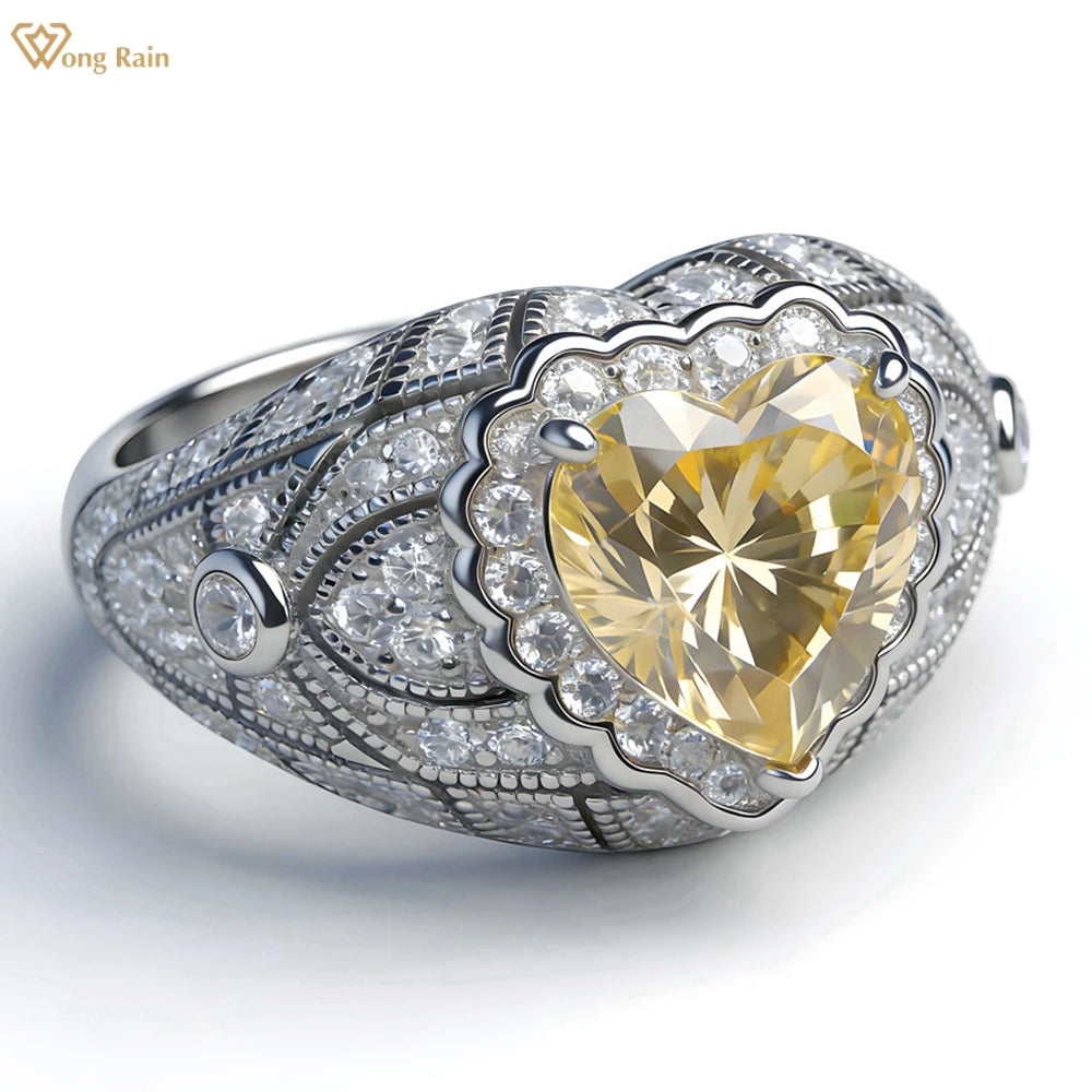 Wong Rain 925 Sterling Silver Heart Cut 8 MM Citrine Sapphire High Carbon Diamond Ring for Women Fine Jewelry Anniversary Gifts