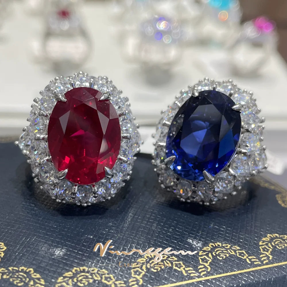 Vinregem 12CT Oval Cut Sapphire Ruby High Carbon Diamond Gemstone 925 Sterling Silver Women Rings Engagement Fine Jewelry Gifts