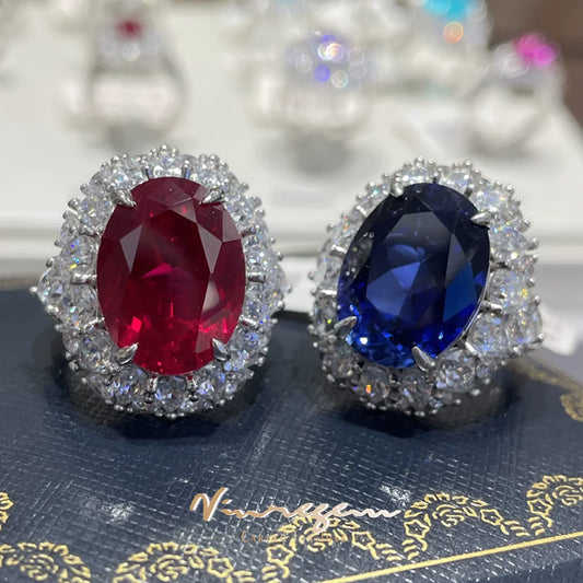 Vinregem 12CT Oval Cut Sapphire Ruby High Carbon Diamond Gemstone 925 Sterling Silver Women Rings Engagement Fine Jewelry Gifts