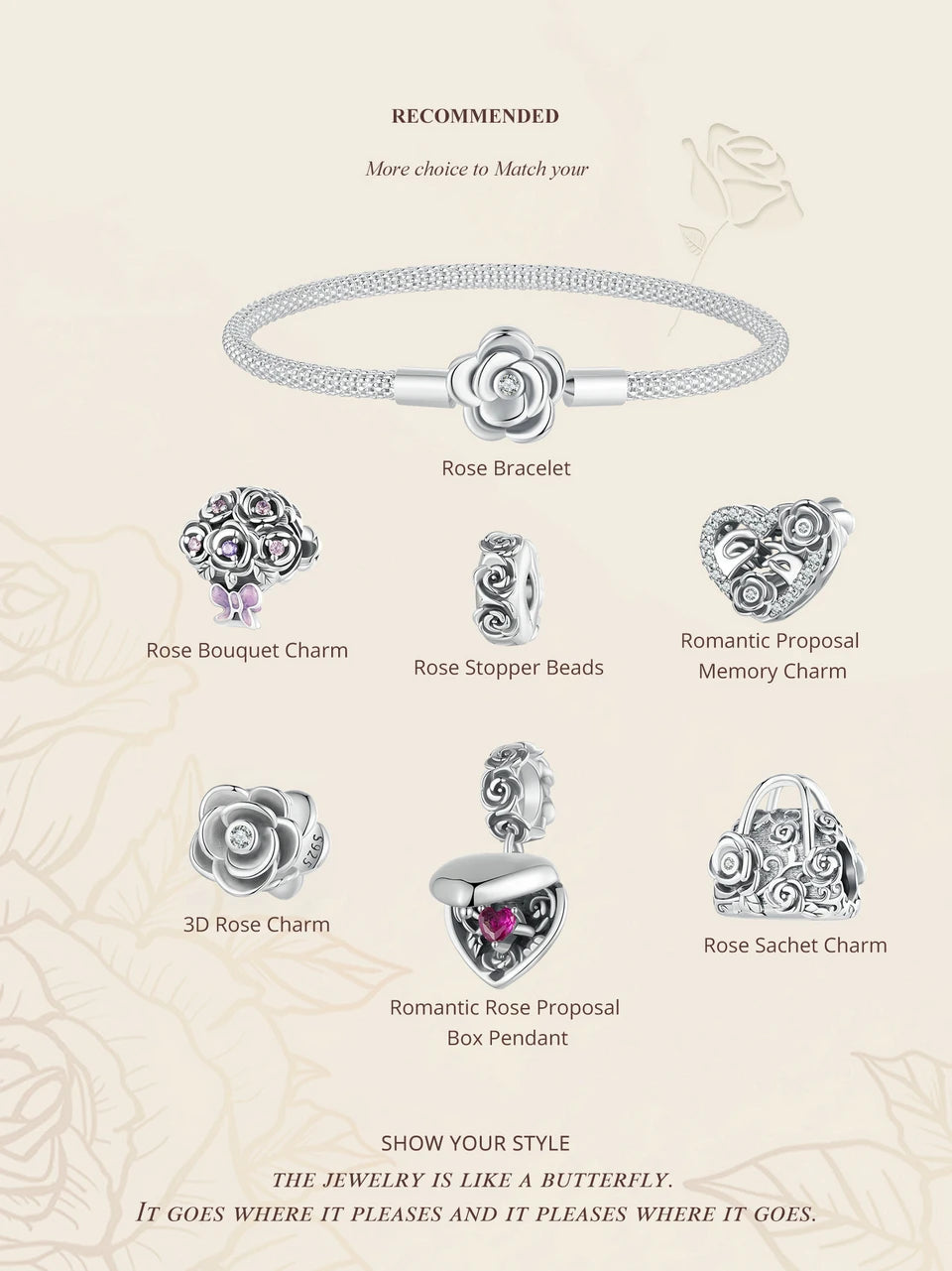 WOSTU 925 Sterling Silver Vintage Rose Flower Love Heart Bangle Bracelet Fit DIY Bracelets Women Valentine Mother's Day Gift