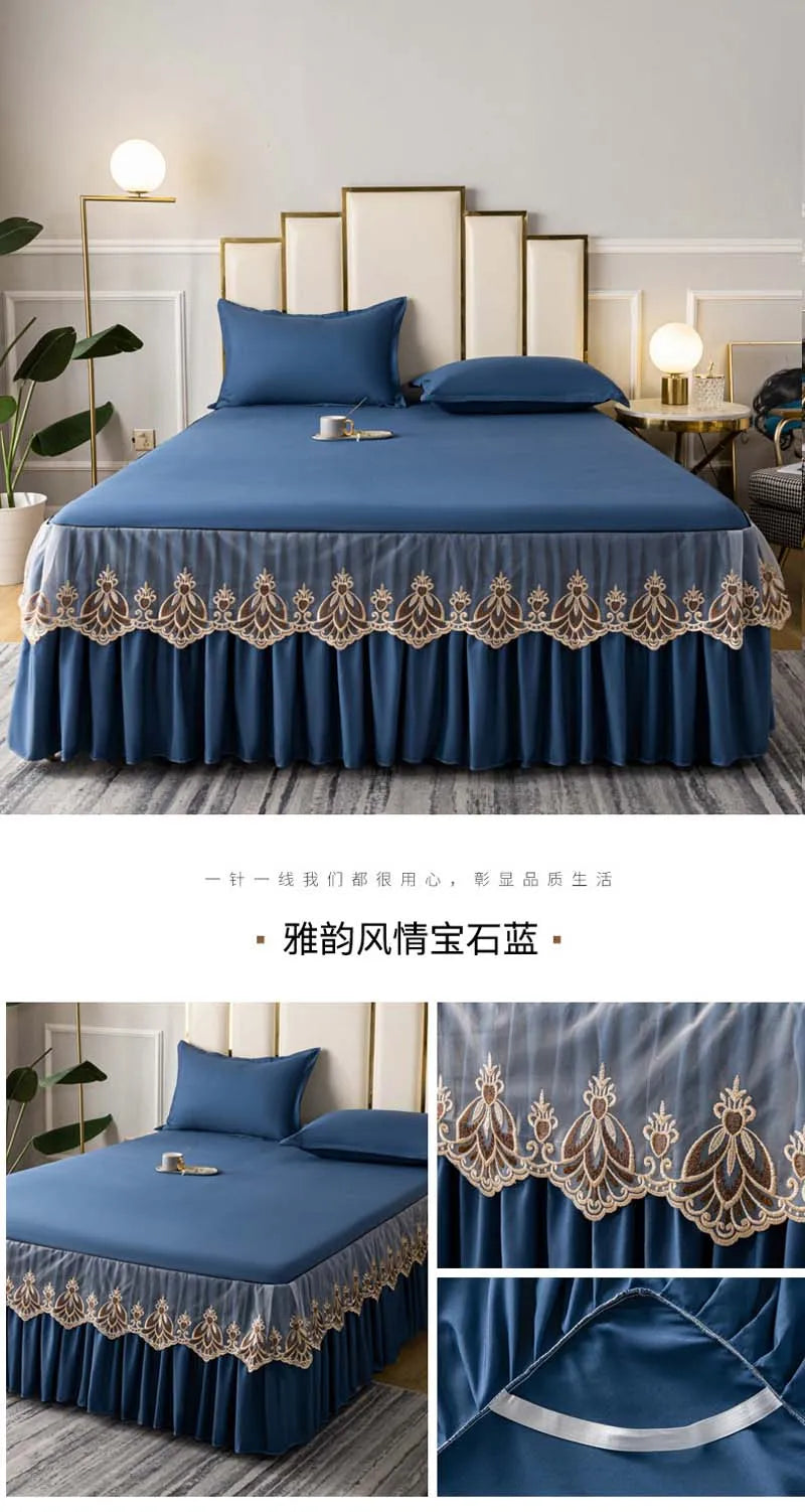 3pcs Set Raw Cotton Soft Bedspread Bed Romance Dust Protector Cover Embroidery Lace Edge Bed Skirt with 2pcs Pillowcase