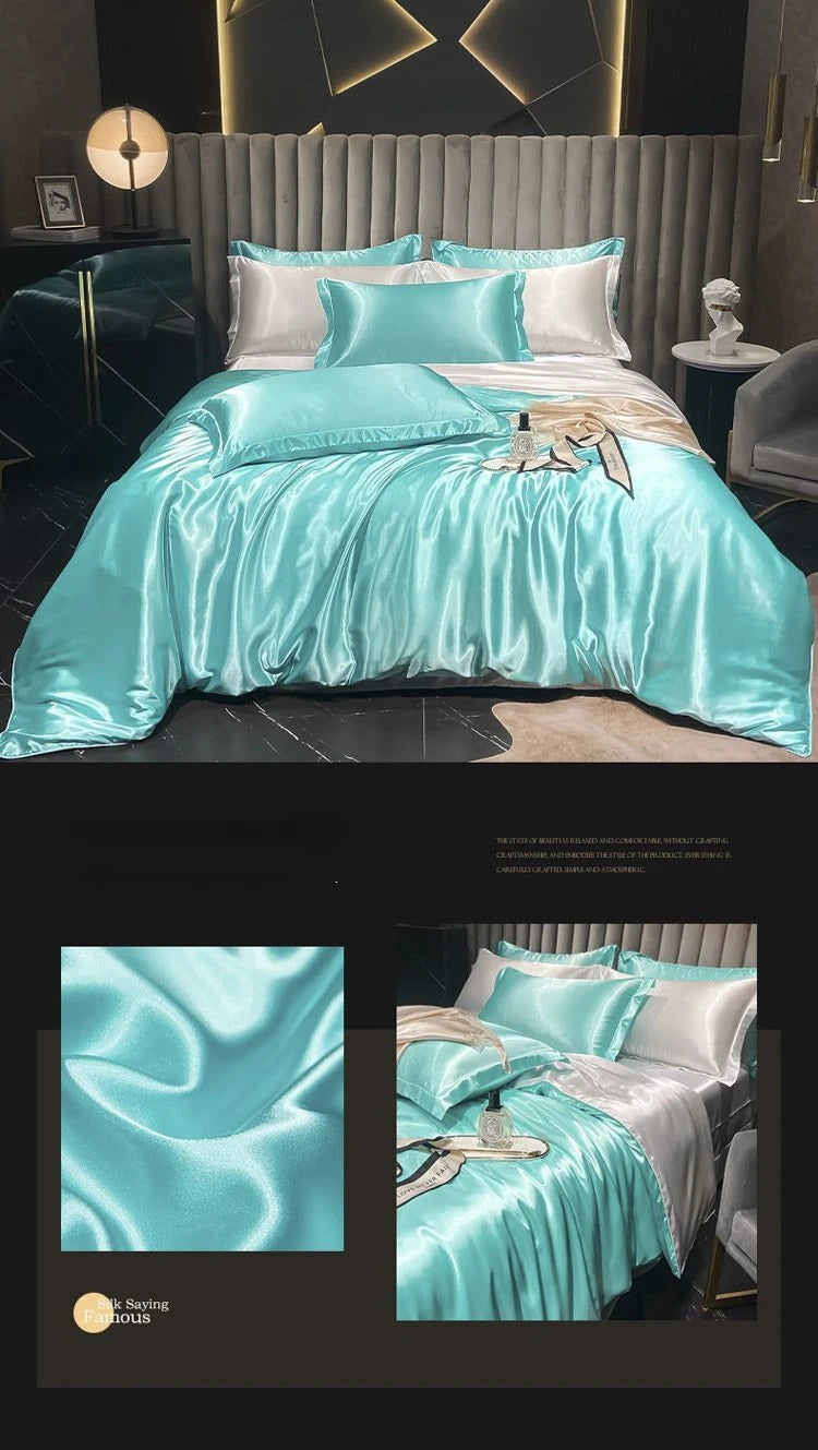 Real 100% Mulberry Silk Bedding Set with Duvet Cover Fitted/Flat Bed Sheet Pillowcase Solid Color 4pcs King Queen Twin Bed Sets