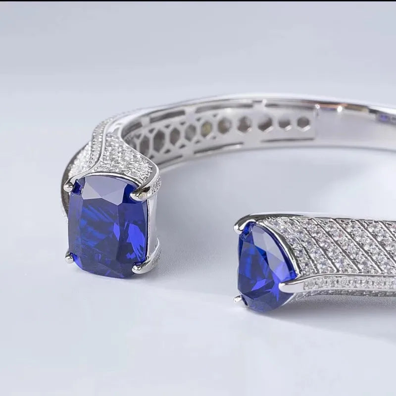 ZOCA 925 Sterling Silver High Carbon Cuff Bangle Double Sapphire Stones Lab Sapphire Blue Stone Luxury Designer Jewelry