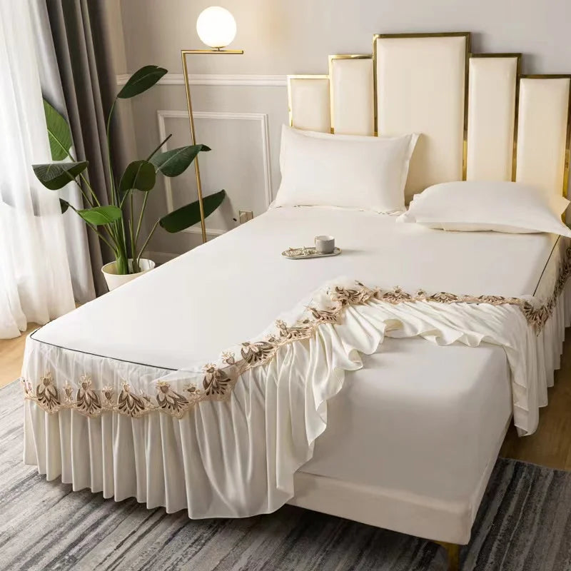 3pcs Set Raw Cotton Soft Bedspread Bed Romance Dust Protector Cover Embroidery Lace Edge Bed Skirt with 2pcs Pillowcase