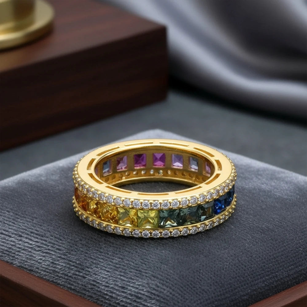 Wong Rain Luxury 925 Sterling Silver Lab Sapphire High Carbon Diamond Colorful Row Rings for Women Fine Jewelry Wedding Band