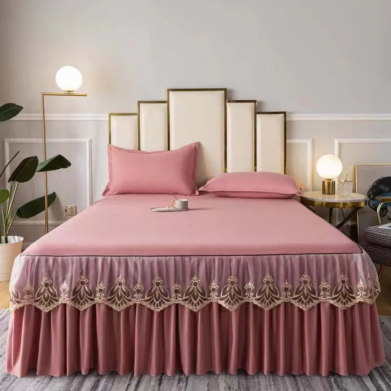3pcs Set Raw Cotton Soft Bedspread Bed Romance Dust Protector Cover Embroidery Lace Edge Bed Skirt with 2pcs Pillowcase