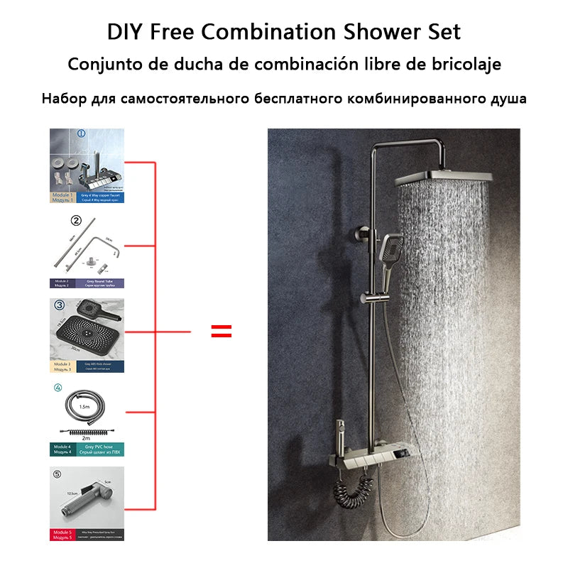 DIY Shower Set Bathroom Shower System Wall Mounted Bathtub Shower Faucet Gray Black Golden White Digital LED Temperature Shower