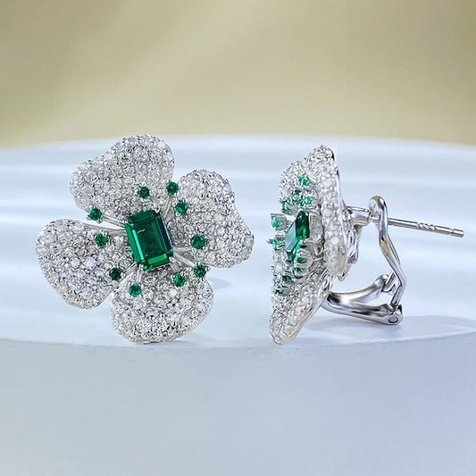 Wong Rain 100% 925 Sterling Silver Sparkling 4*6 MM Emerald High Carbon Diamond Gemstone Flower Ear Studs Earrings Fine Jewelry