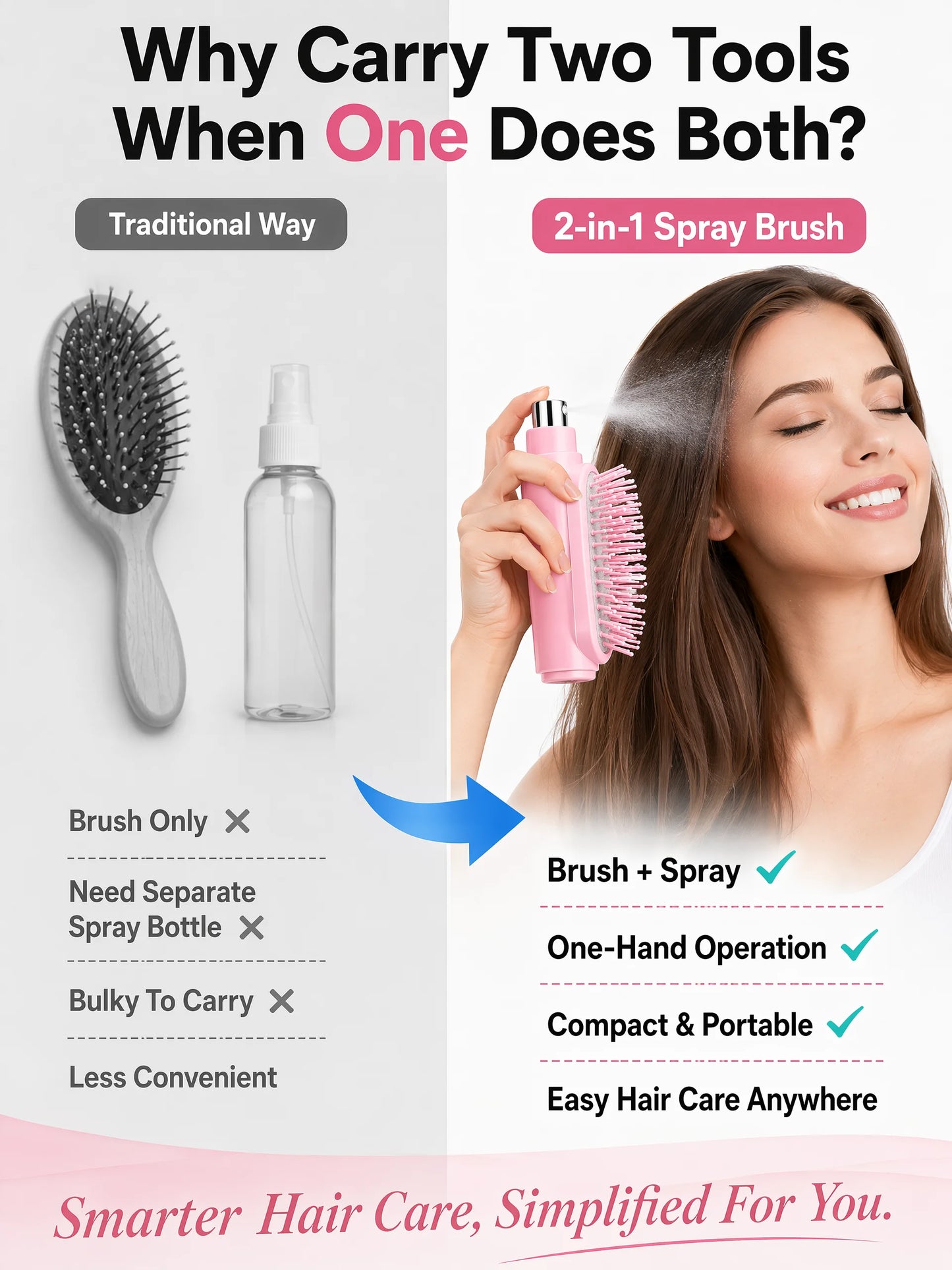 2 In 1 Spray Hair Brush Refillable Water Mist Comb Portable Detangling Scalp Massage Anti Frizz Hair Styling Travel Brush