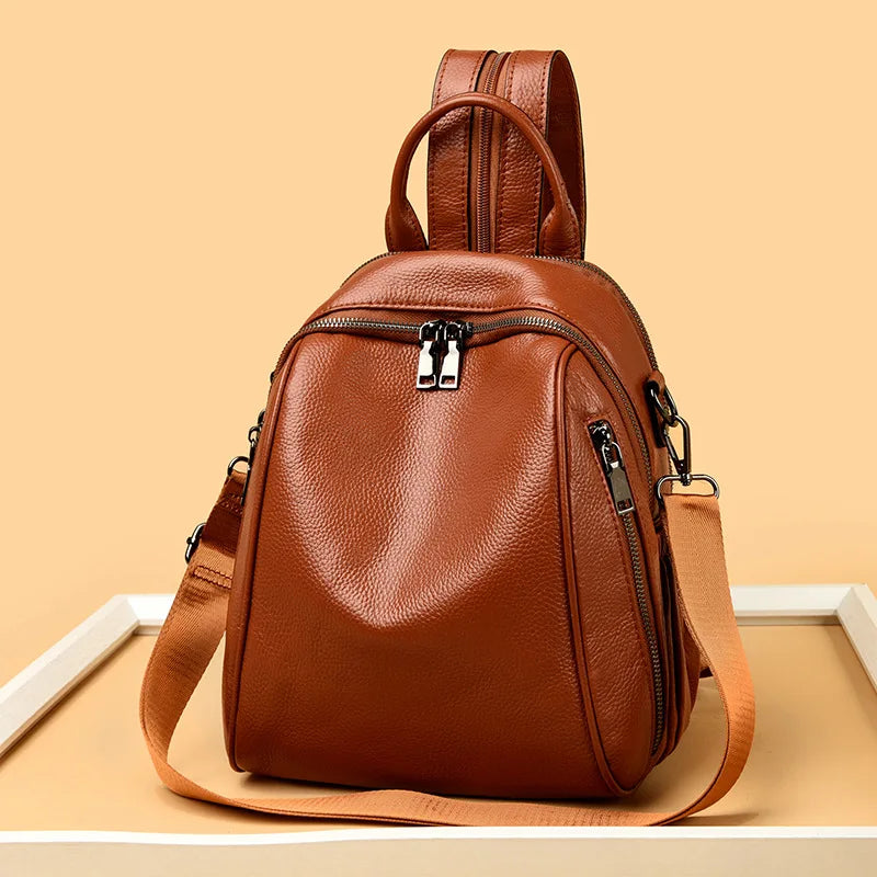 2026 New Fashionable Pure Color Leather Backpack Women's Cross-Border Travel Bag Durable Soft Cowhide Shoulder Bag for All Ages