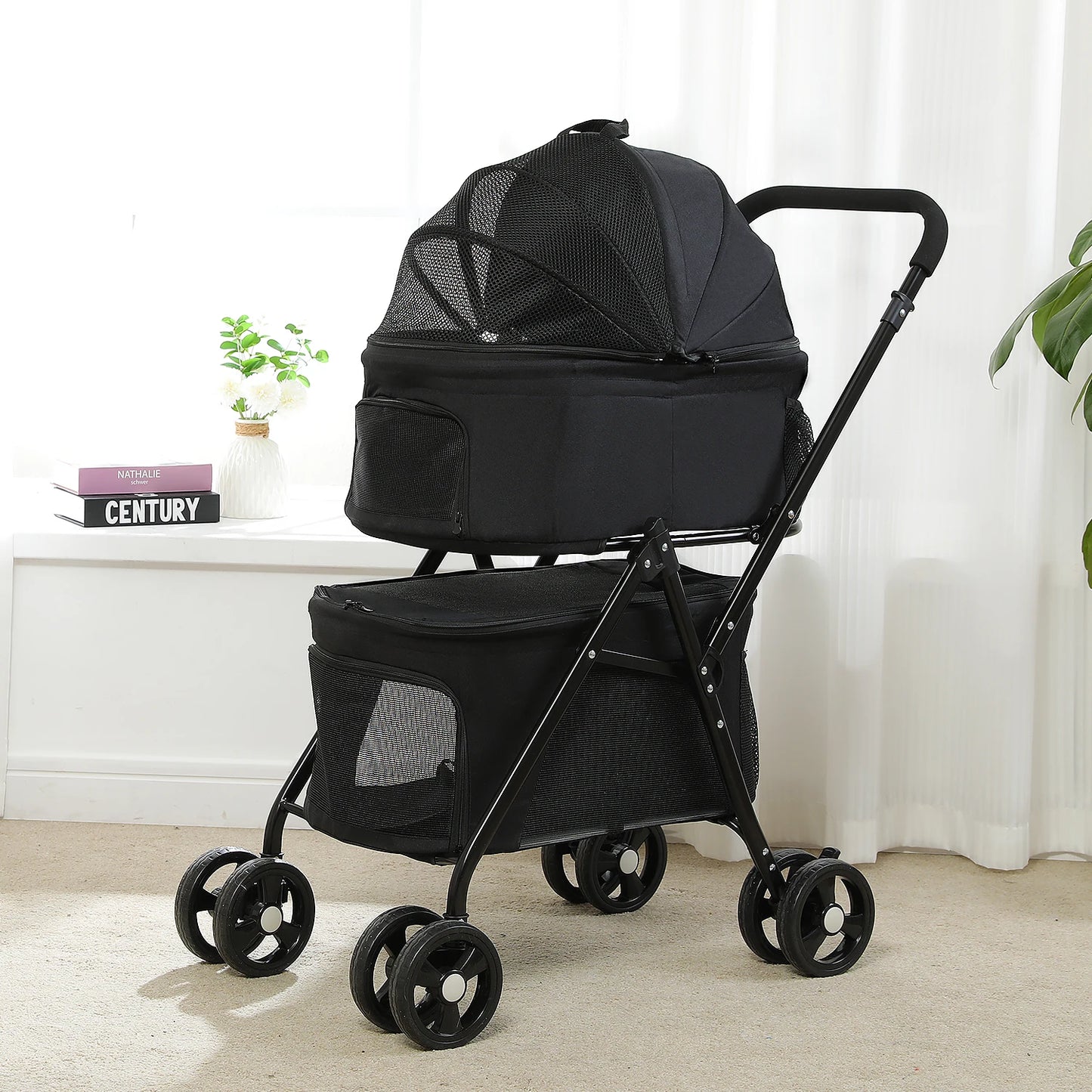 Foldable Pet Stroller 4-Wheel Dog Travel Stroller Pushchair Jogger with Storage Basket for Puppy Cat Pet Suplies Outdoor