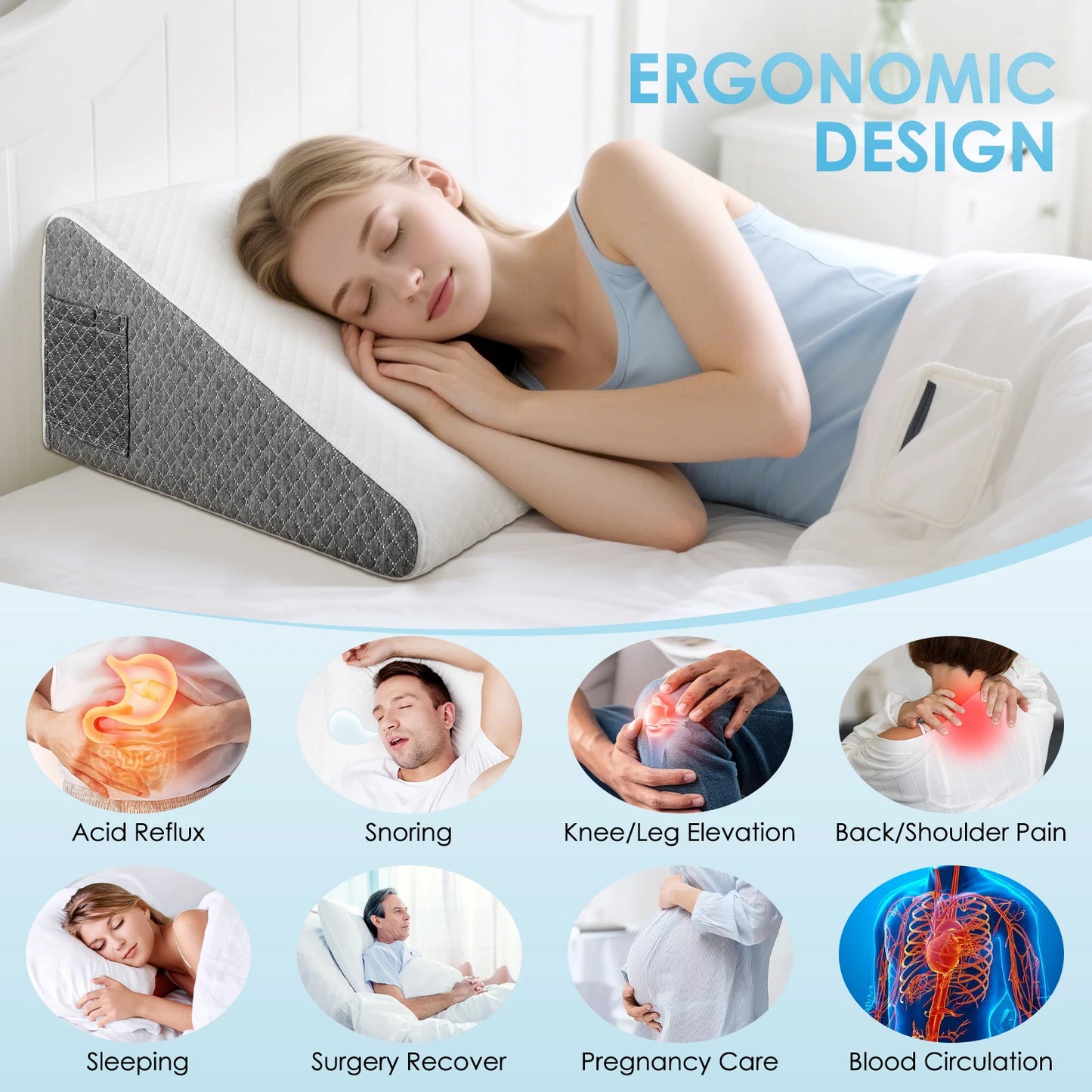 Memory foam triangular pad, Mattress, for sleep apnea,heartburn,snoring, leg height 30.5cm, back support for sitting on the bed