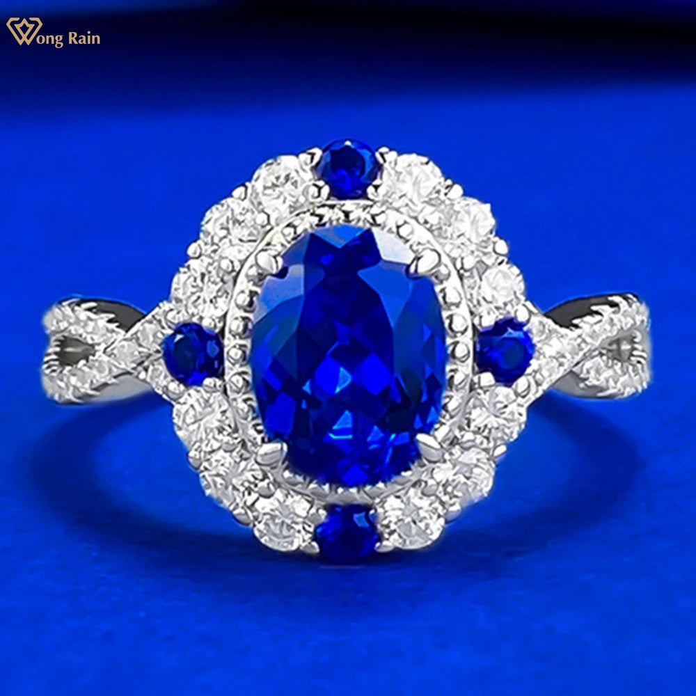 Wong Rain Classic 925 Sterling Silver Oval Cut 6*8 MM Sapphire High Carbon Diamond Gems Engagement Rings Fine Jewelry Wholesale