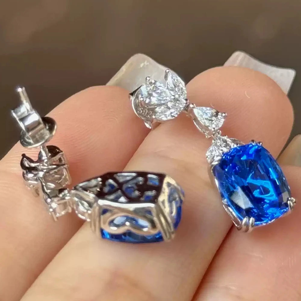 WUIHA Vintage 925 Sterling Silver 8 * 10 MM 4 CT Cushion Cut Lab Sapphire High Carbon Diamonds Drop Dangle Earrings Fine Jewelry