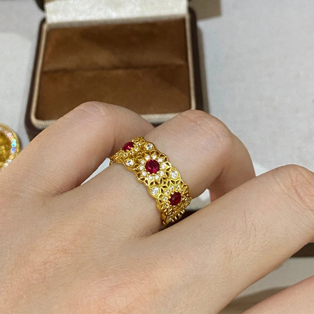 Wong Rain Vintage 925 Sterling Silver Round Cut Ruby High Carbon Diamond Gem Row Ring for Women Fine Jewelry Anniversary Gifts